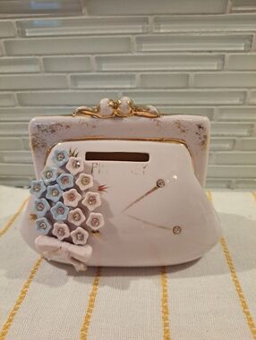 Vtg "PIN MONEY" Handbag Purse Shaped Coin Piggy Bank Rhinestone Pink w/Gold Trim